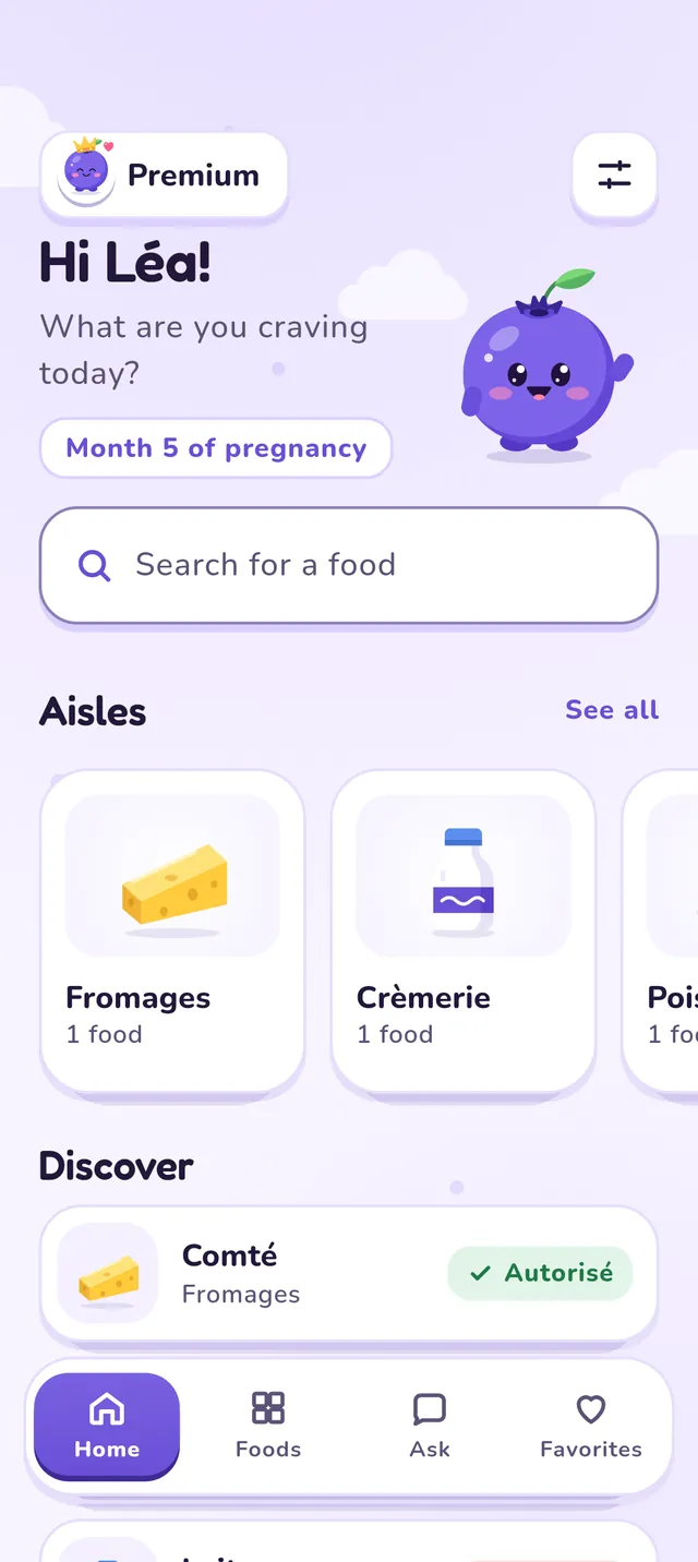 Home screen: month of pregnancy, food search, aisles and foods to discover