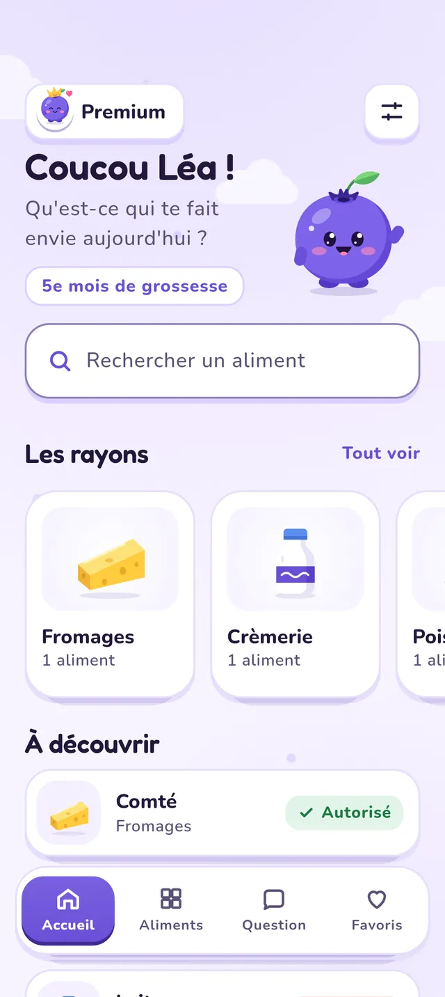 Écran d'accueil : le mois de grossesse, la recherche d'un aliment, les rayons et les aliments à découvrir